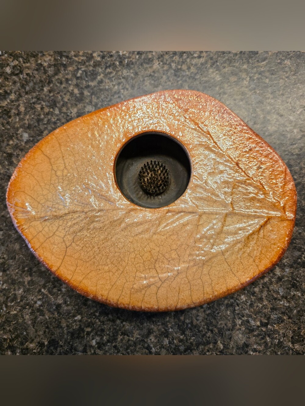 Ikebana Leaf-Shaped Ceramic Flower Frog in Burnt Orange